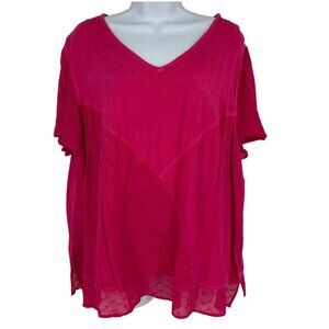 Catherines Womens Short Sleeve V-Neck Embroidered Top In Hot Pink Size 3X